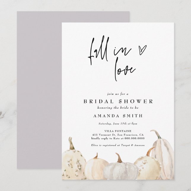 Fall In Love White Pumpkin Autumn Bridal Shower Invitation (Front/Back)