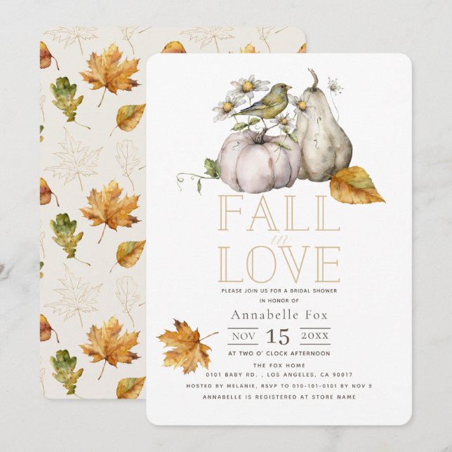 Fall in Love White Pumpkin Bird Bridal Shower Invitation (Front/Back)