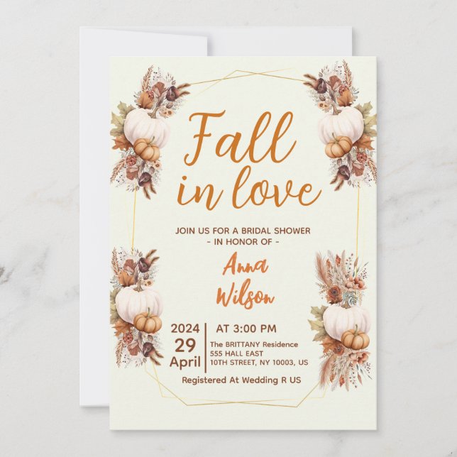 fall in love white pumpkin pampas bridal shower  invitation (Front)