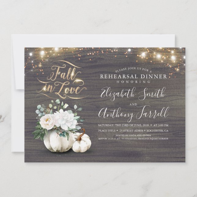 Fall in Love White Pumpkin Rustic Rehearsal Dinner Invitation (Front)