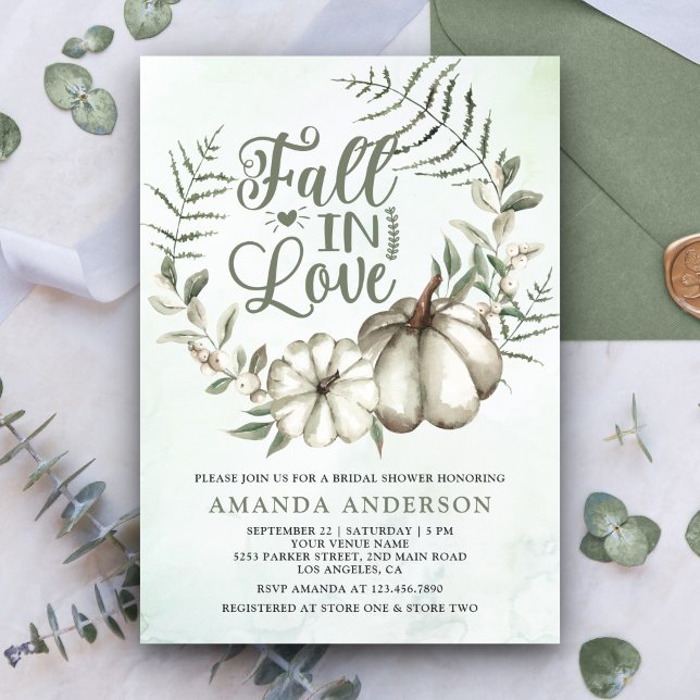 Fall in Love White Pumpkin Sage Bridal Shower Invitation (Creator Uploaded)