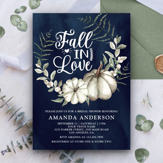 Fall in Love White Pumpkin Sage Navy Bridal Shower Invitation (Creator Uploaded)
