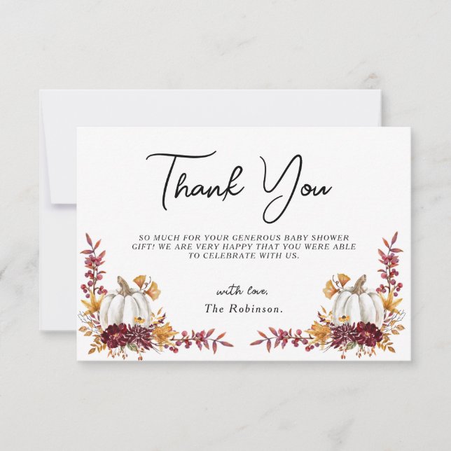 Fall in Love White Pumpkin Tank You Baby Shower Thank You Card (Front)