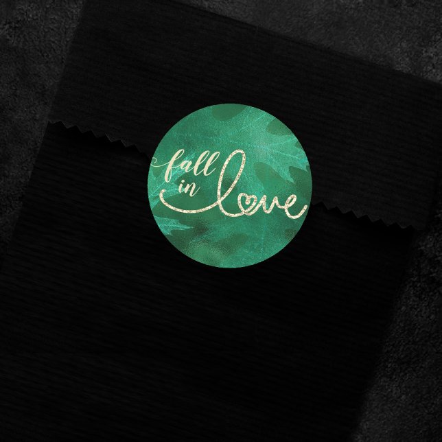 Fall in Love with Autumn | Emerald Green and Gold Classic Round Sticker (Creator Uploaded)