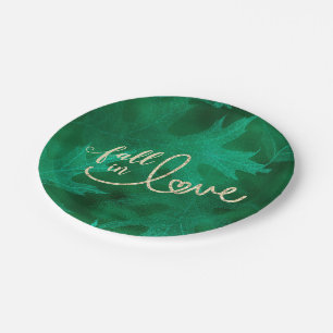 Fall in Love with Autumn Emerald Green and Gold Paper Plate