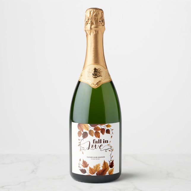Fall In Love With Autumn Leaves Baby Shower Sparkling Wine Label (Front)