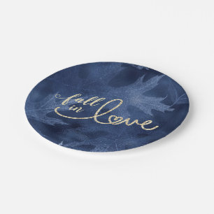 Fall in Love with Autumn Navy Blue and Gold Paper Plate