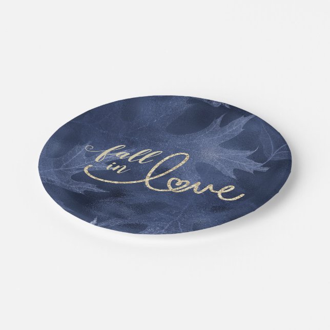 Fall in Love with Autumn | Navy Blue and Gold Paper Plate (Angled)