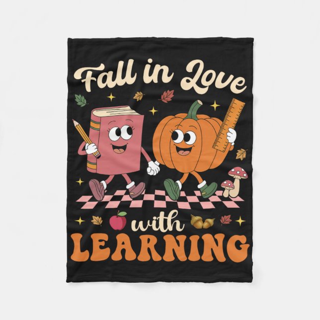 Fall In Love With Learning Retro Halloween Teacher Fleece Blanket (Front)