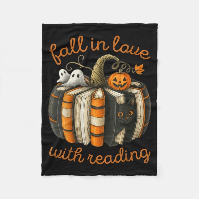 Fall In Love With Reading Halloween Book Pumpkin Fleece Blanket (Front)
