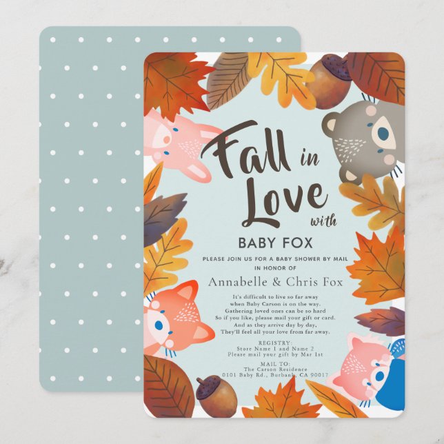 Fall in Love Woodland Animals Blue Shower by Mail Invitation (Front/Back)