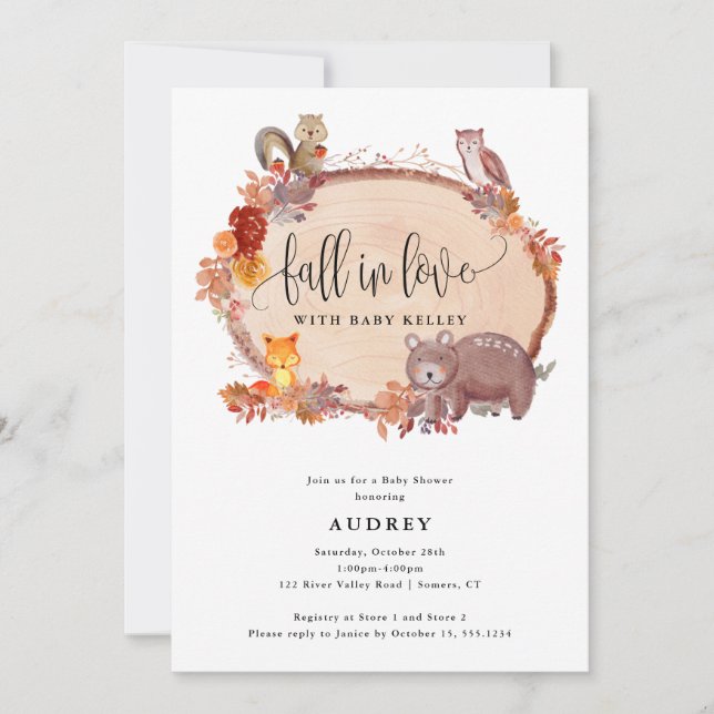 Fall in Love Woodland Animals, Rustic Baby Shower Invitation (Front)