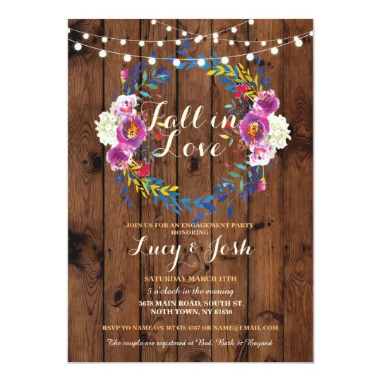 Fall in Love Wreath Wood Engagement Floral Invite