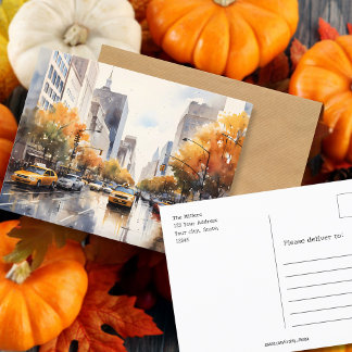 Fall in NY / Watercolor Autumn Street with taxis Postcard