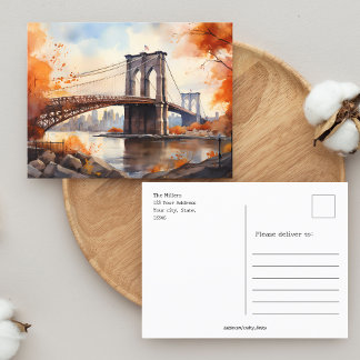 Fall in NY / Watercolor Brooklyn Bridge Postcard