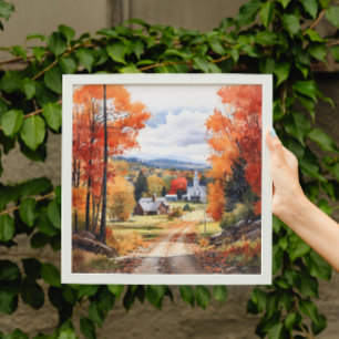 Fall In Small Town Of Vermont Scenery Watercolor Poster