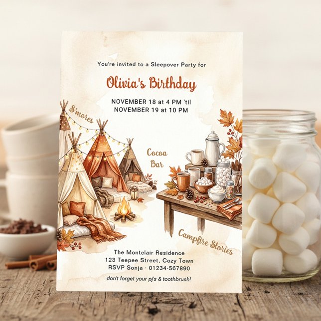 Fall Indoor Glamping Campfire Sleepover Birthday Invitation (Fall birthday invitation with sleepover theme by Darling & May (order printed or digital))