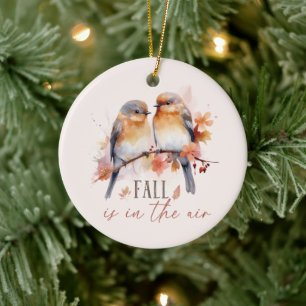 Fall Is In The Air – Cute Birds & Autumn Leaves Ceramic Ornament
