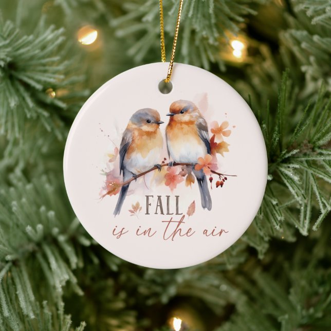 Fall Is In The Air – Cute Birds & Autumn Leaves Ceramic Ornament