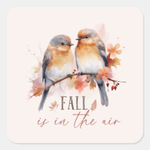 Fall Is In The Air – Cute Birds & Autumn Leaves Square Sticker