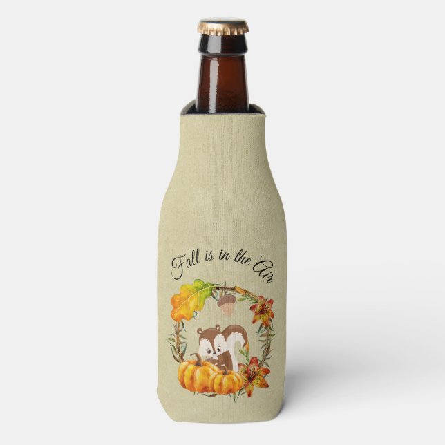 Fall is in the Air Typography with Squirrel Bottle Cooler (Bottle Front)