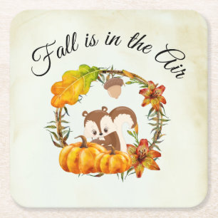 Fall is in the Air Typography with Squirrel Square Paper Coaster