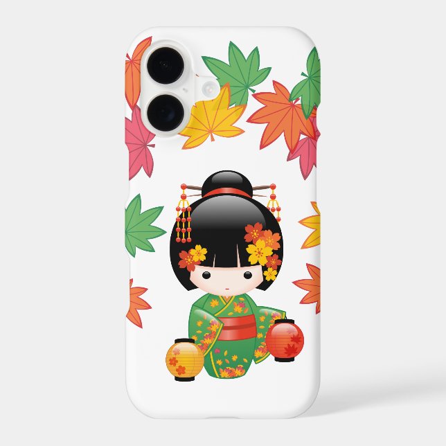 Fall Kokeshi Doll - Green Kimono Geisha Girl (Back)