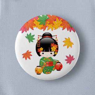 Fall Kokeshi Doll - Green Kimono Geisha Girl 2 Inch Round Button