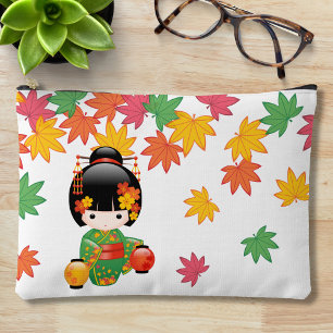 Fall Kokeshi Doll - Green Kimono Geisha Girl Accessory Pouch