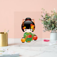 Fall Kokeshi Doll - Green Kimono Geisha Girl