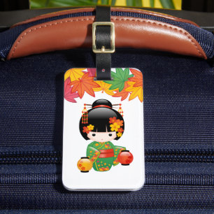Fall Kokeshi Doll - Green Kimono Geisha Girl Luggage Tag