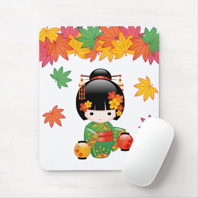 Fall Kokeshi Doll - Green Kimono Geisha Girl Mouse Pad (With Mouse)