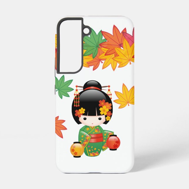 Fall Kokeshi Doll - Green Kimono Geisha Girl Samsung Galaxy S22 Case (Back)