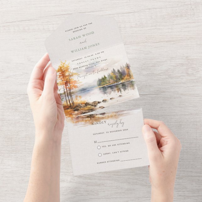 Fall lake and forest All in One Wedding Invite (Tearaway)