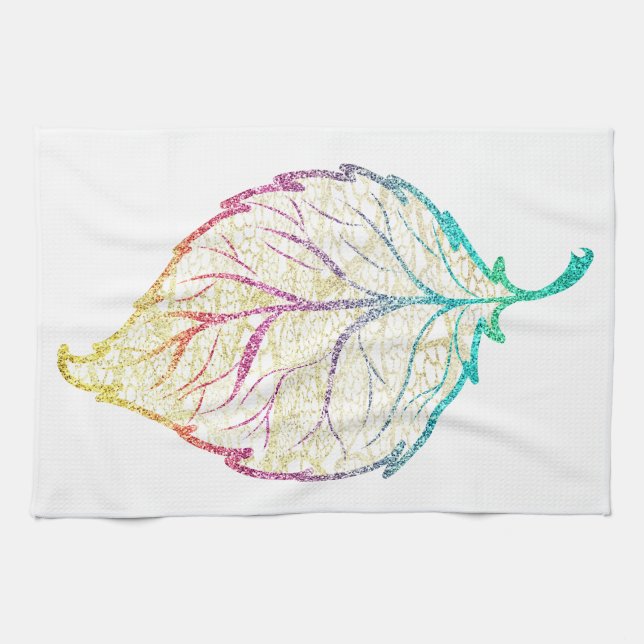 Fall leaf elegant cute pastel pink teal gold  kitchen towel (Horizontal)
