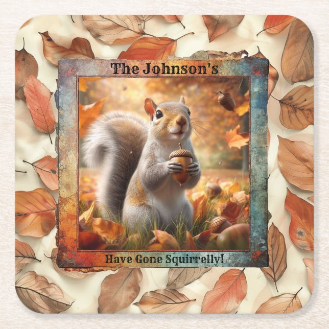 Fall Leaf Funny Squirrel Paper Coaster (Front)