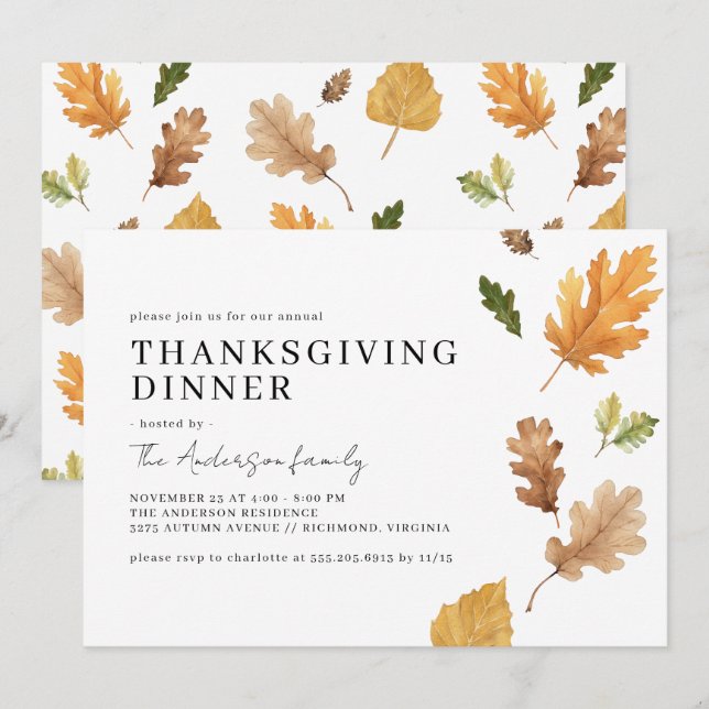 Fall Leaf | Modern Watercolor Thanksgiving Dinner Invitation (Front/Back)