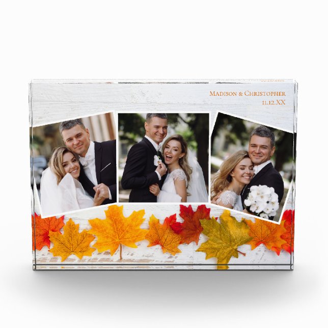Fall Leaf Newlywed Photo Collage Autumn Wedding Block (Front)