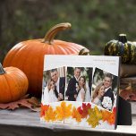 Fall Leaf Newlywed Photo Collage Autumn Wedding Plaque<br><div class="desc">This beautiful wedding announcement Thanksgiving photo plaque features an elegant 3 photograph collage under the orange words We Eloped. This pretty autumn leaf photograph with trendy white wood behind the leaves is a chic holiday card to decorate with your newlywed photographs. Give thanks for your new marriage with these cute...</div>
