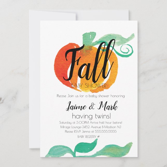 Fall Leaf Pumpkin  Baby Shower Watercolor Orange Invitation (Front)