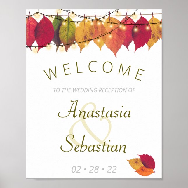 Fall Leaf  String Lights Wedding Reception Welcome Poster (Front)