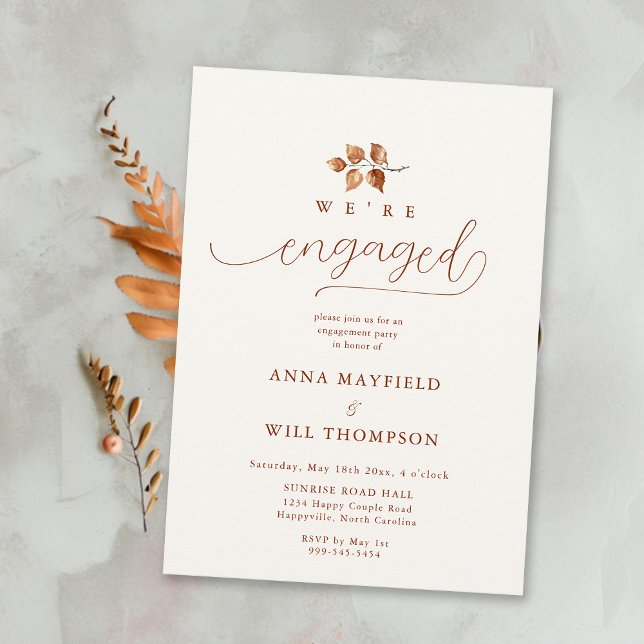 Fall Leaf Terracotta Soft Calligraphy Engagement Invitation (Fall Engagement Party Invitation Romantic Elegant Calligraphy Terracotta Autumn Foliage)