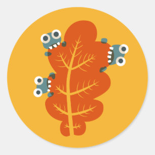 Fall Leaf With Funny And Cute Bugs - Yellow Orange Classic Round Sticker