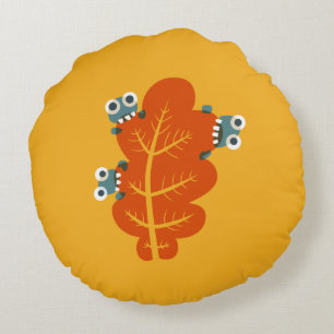 Fall Leaf With Funny And Cute Bugs - Yellow Orange Round Pillow