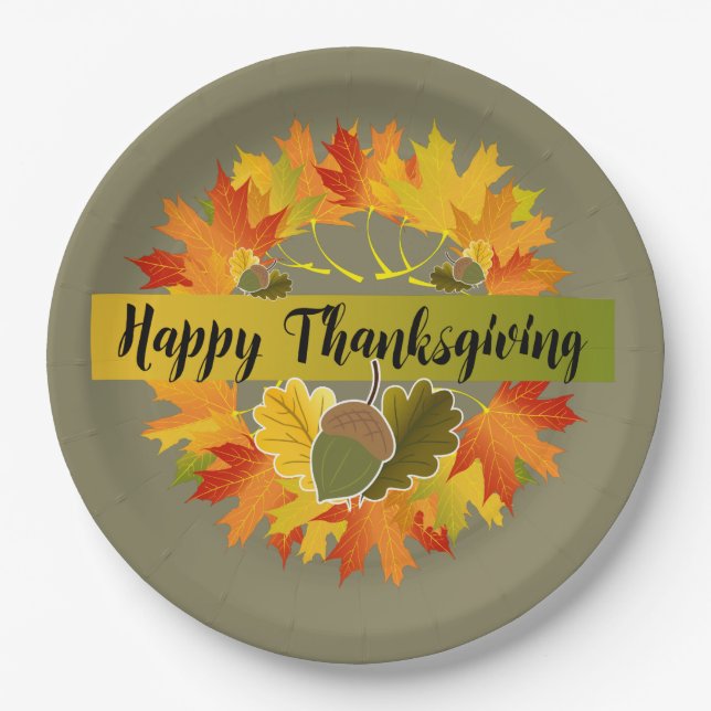 Fall Leaf Wreath with Acorns, Happy Thanksgiving Paper Plate (Front)