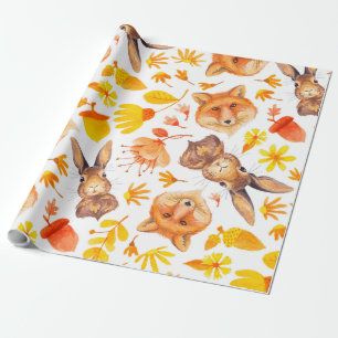 Fall Leafs Foxes & Bunnies Pattern Wrapping Paper