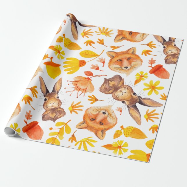 Fall Leafs Foxes & Bunnies Pattern Wrapping Paper (Unrolled)