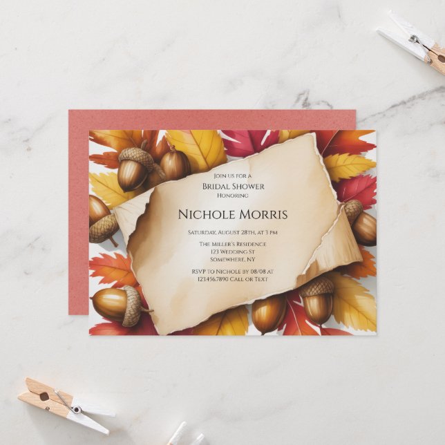 Fall Leaves & Acorns Rustic Bridal Shower Invitation (Front/Back In Situ)