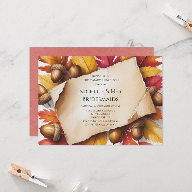 Fall Leaves & Acorns Rustic Bridesmaids Luncheon Invitation (Front/Back In Situ)