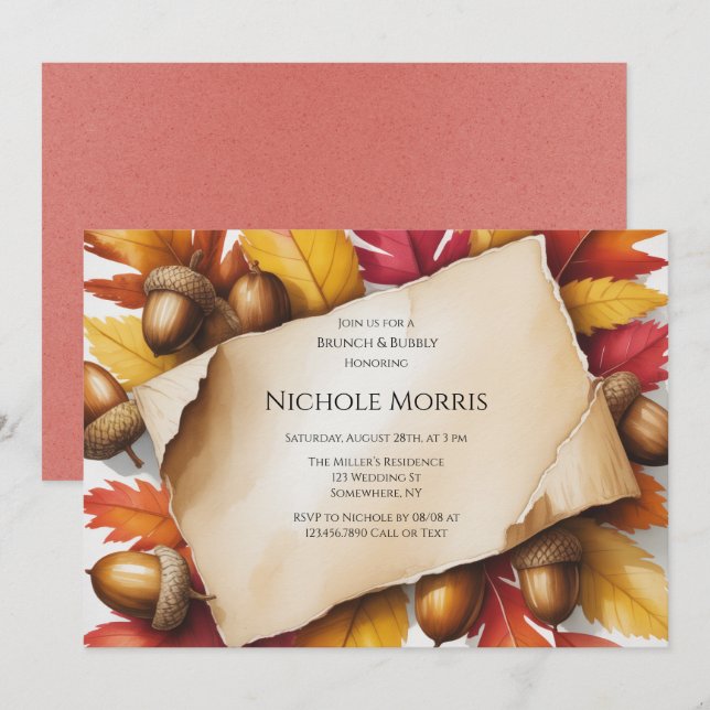 Fall Leaves & Acorns Rustic Brunch & Bubbly Invitation (Front/Back)